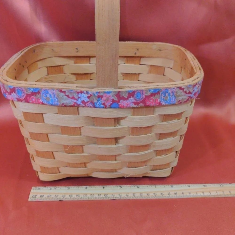 Vintage Woven Wood Splint Basket with Floral Fabric Trim and Fixed Handle